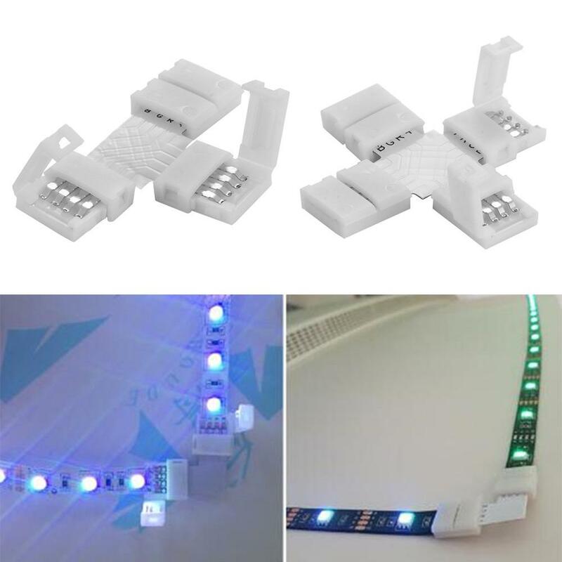 Tira de luces LED piezas, Conector de 4 pines, Forma L/T/cruzada, PCB, sin soldadura, con Clip, 5050 3528 para RGB, 1 unidad