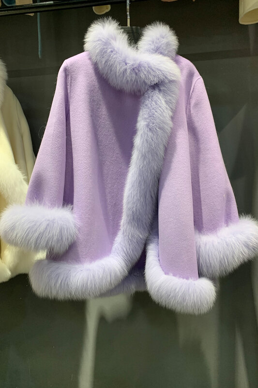 2023 nova dupla-face capas de lã com gola de pele de raposa casaco de pele feminino socialite elegante cashmere casaco xale manto inverno jaqueta