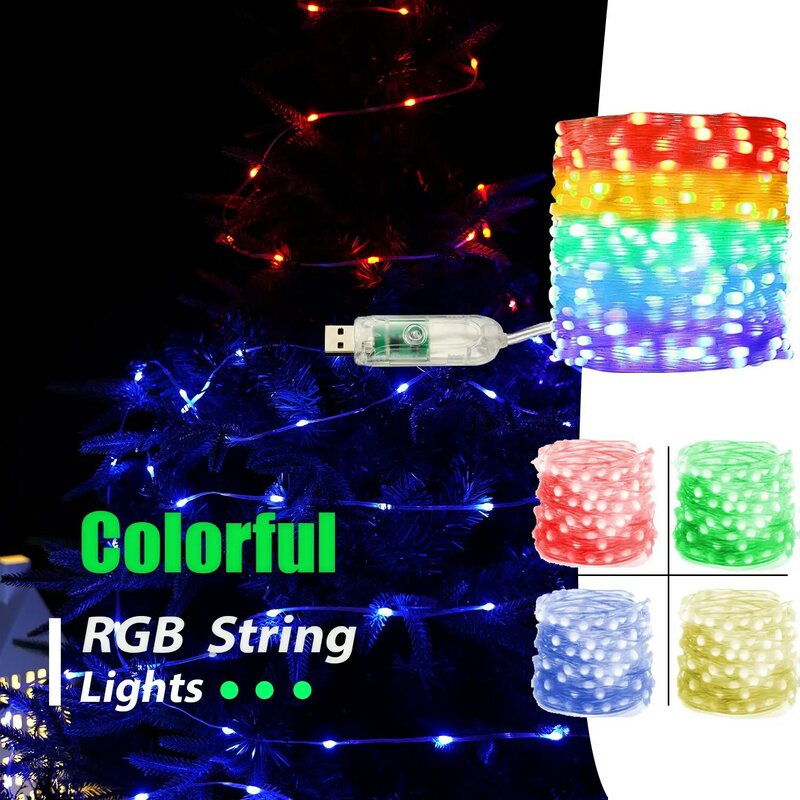 RGB lampu peri LED, rangkaian cahaya taman warna-warni kekuatan USB dekorasi pesta ulang tahun pernikahan Natal DIY