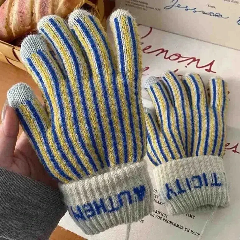 Unisex Japanese Retro Striped Gloves Printed Plush Thickened Drawstring Knitted Gloves INS  Hanging Neck Cycling Windproof Glove