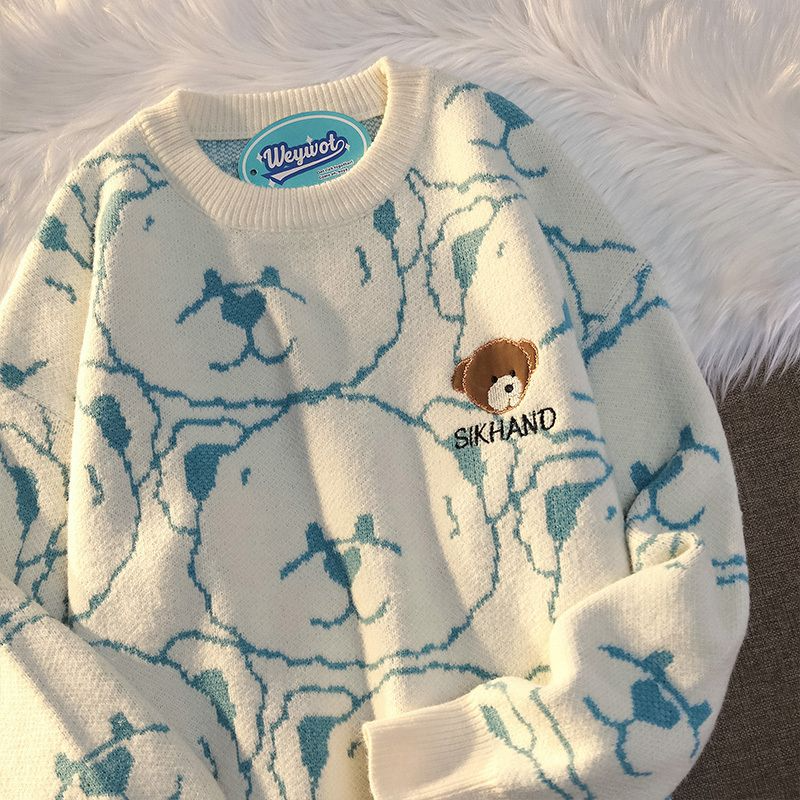 Japanese retro bear sweater female student casual pullover couple knitted sweater Harajuku commuting winter thickened warm top