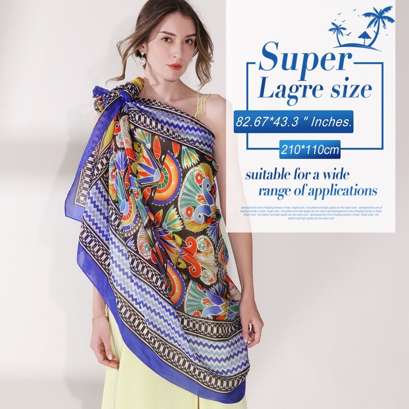 Bufanda de seda con estampado floral para mujer, chal largo y suave, color azul, elegante, para todas las estaciones, 100%