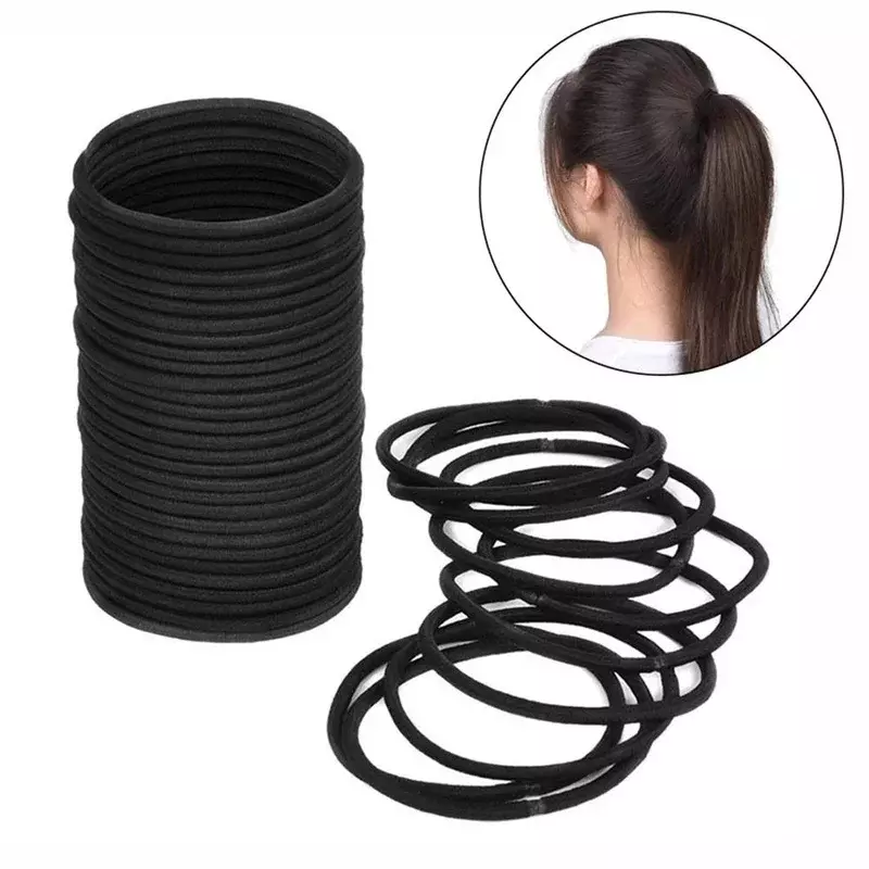 50/100 PCS Thick Heavy No-metal Elastic Hair Ties Black Rubber Ponytail Holders Hair Bands-2mm