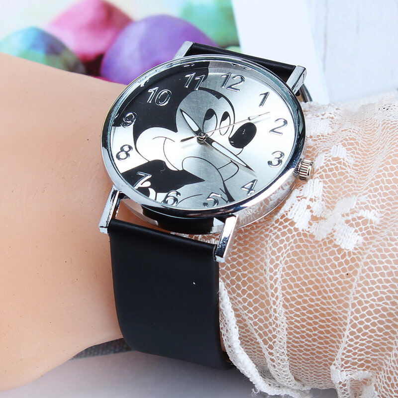 Disney Mickey zegarki damskie dla dziewczynek czarny skórzany pasek ultracienki zegarek damski zegarek kwarcowy na rękę Relogio Feminino