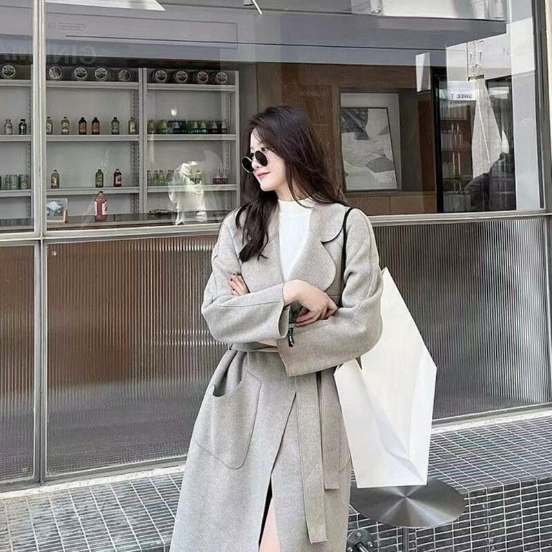 Gabardina informal elegante para mujer, abrigo de longitud media con cuello vuelto, bolsillos de puntada abierta, suave, cálido y grueso para otoño