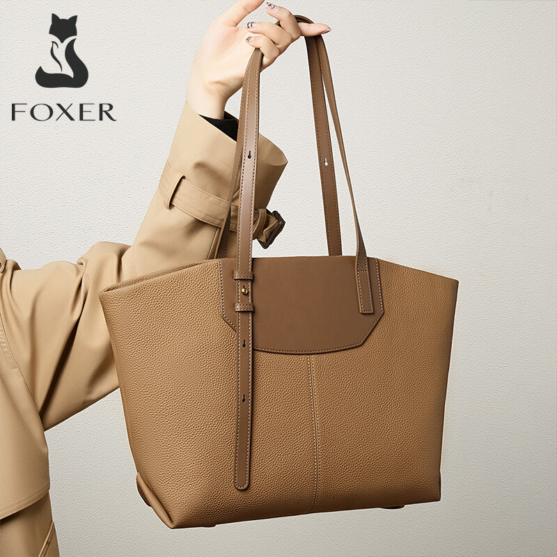 FOXER-Bolso de mano de piel auténtica para mujer, bolsa de mano de gran tamaño, de piel de vaca, para hombro y axila