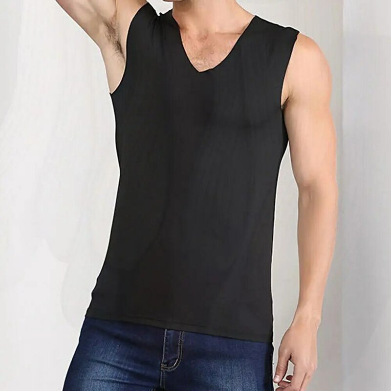 Stylish sleeveless t-shirt  Round Neck Pullover Male Vest  Ice Silk Vest T-Shirts Tank Top