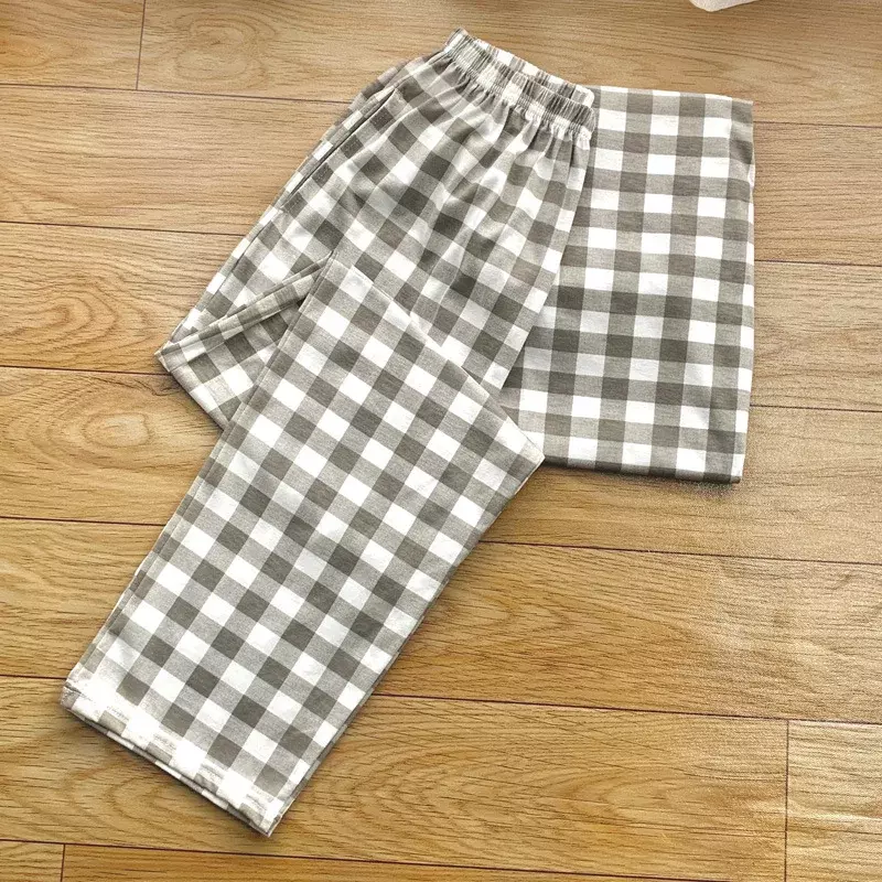 Spring Breathable Mens Plaid Trousers Pants Homewear Long Sleep Lounge Soft Male Knitted Cotton Sleepwear Bottoms Summer Loose