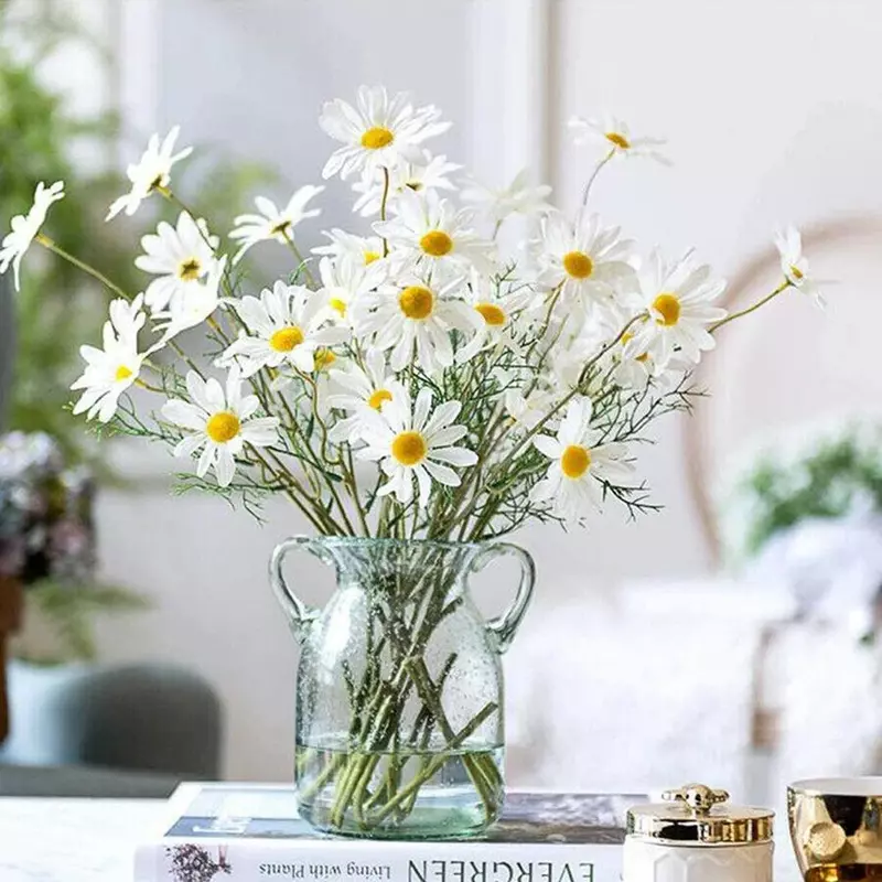 Ramo de flores artificiales de margaritas blancas, florero artesanal, decoración de hogar, jardín, sala de estar, fiesta de boda, flores falsas de seda