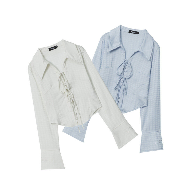 Camisa feminina manga comprida de botão, Gola Polo, Renda para cima Design, Minoria feminina Casual Spicy Girl Camisa curta, outono, nova