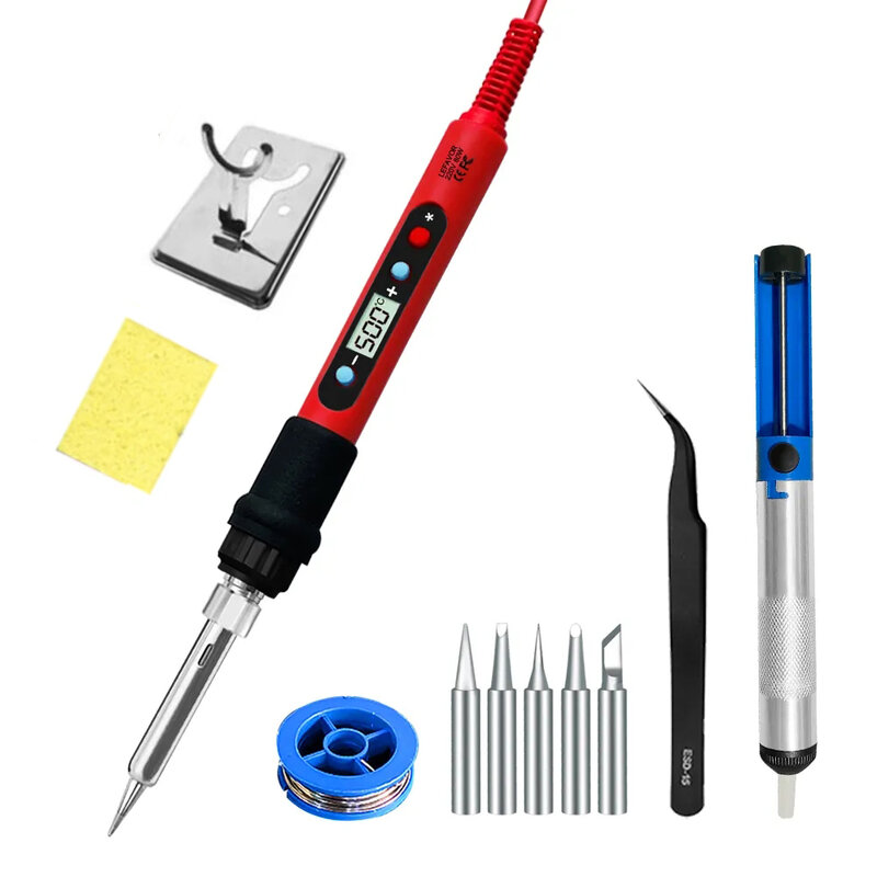 Kit de soldador de temperatura ajustable, herramientas de soldadura LCD, calentador de cerámica, puntas de soldadura, pinzas, alambre de soldadura, 80W