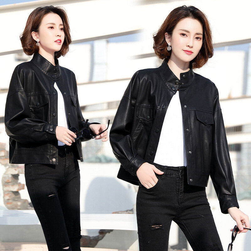 Spring, Autumn, and Winter New Short Leather Clothes for Women Sheepskin Standing Neck Motorcycle Jackets, Slimming Bat Sleeves,