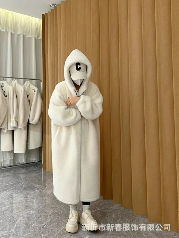 Winter Long Oversized Warm Thick Blue White Fluffy Faux Fur Coat Women with Hood 2022 Loose Casual Korean Style Fashion