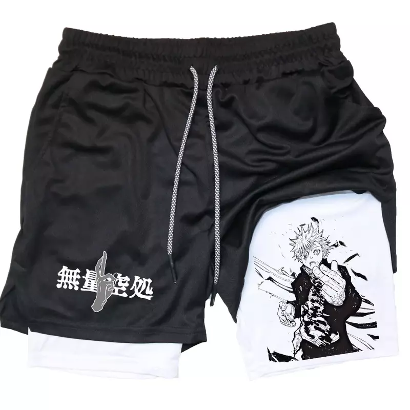 Anime 2 In 1 Compression Shorts Gojo Satoru Print Performance Sportswear Men GYM  Training Workout Male Fitness Sport Shorts