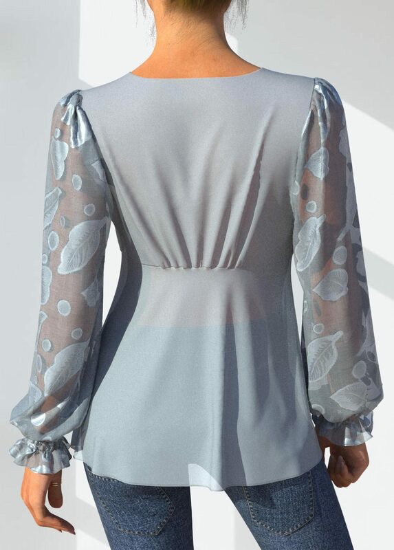 Женская шифоновая блузка с длинным рукавом, жаккардовая рубашка с V-образным вырезом и длинными рукавами-фонариками, новинка 2022