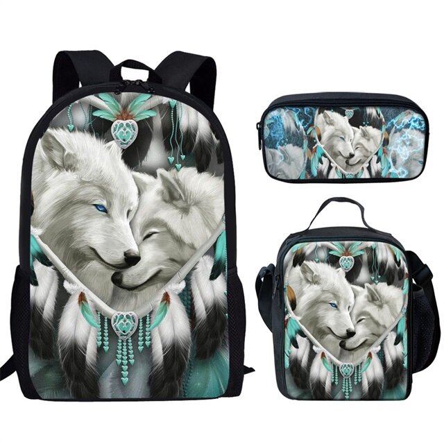 Sacos escolares impressos em 3D para aluno, mochila mochila, lancheira, estojo para lápis, clássico e criativo, lua e lobo, engraçado e criativo, 3PCs por conjunto