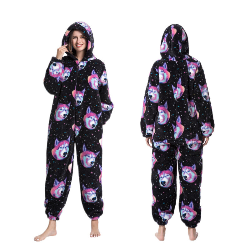 Winter Coral Fleece Jumpsuits Pajamas Set Women Print Cartoon Sleepwear One Piece Pijamas Suit Thickened Flannel Home Clothes