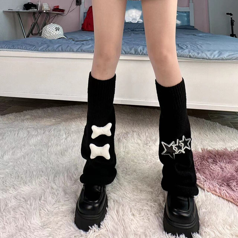 Y2k Goth Lolita gestreifte Beinlinge japanische Frauen Gothic Star 50cm lange Socken Gamaschen Knie Winter gestrickte Manschetten Knöchel wärmer