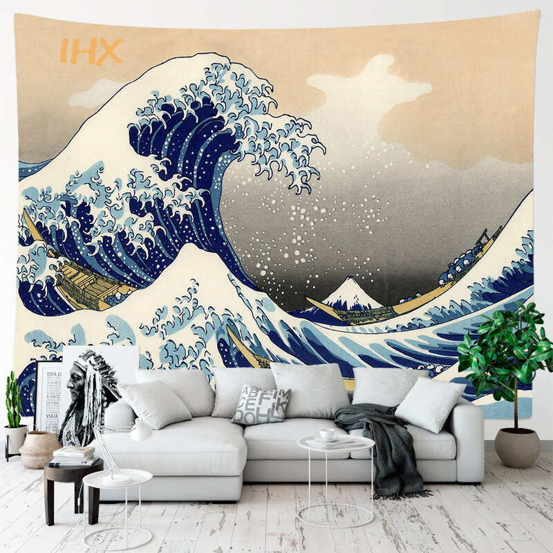 Tapiz de montura Fuji Kawaii para decoración de habitación, tapiz colgante de pared, gran ola, Kanagawa, dormitorio, Dormt, estética, decoración del hogar, Japón