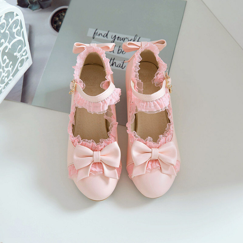 Children Girls High Heel Shoes Lolita Mary Janes Shoes Sweet Ruffles Bowknot Princess Party Dress Wedding Shoes Size 28-39