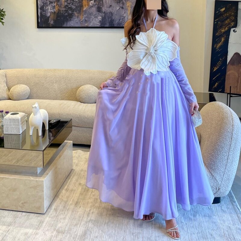 Gaun Prom bunga sifon gaun acara Midi Halter garis A malam Formal gaun acara yang dipesan dahulu gaun Arab Saudi