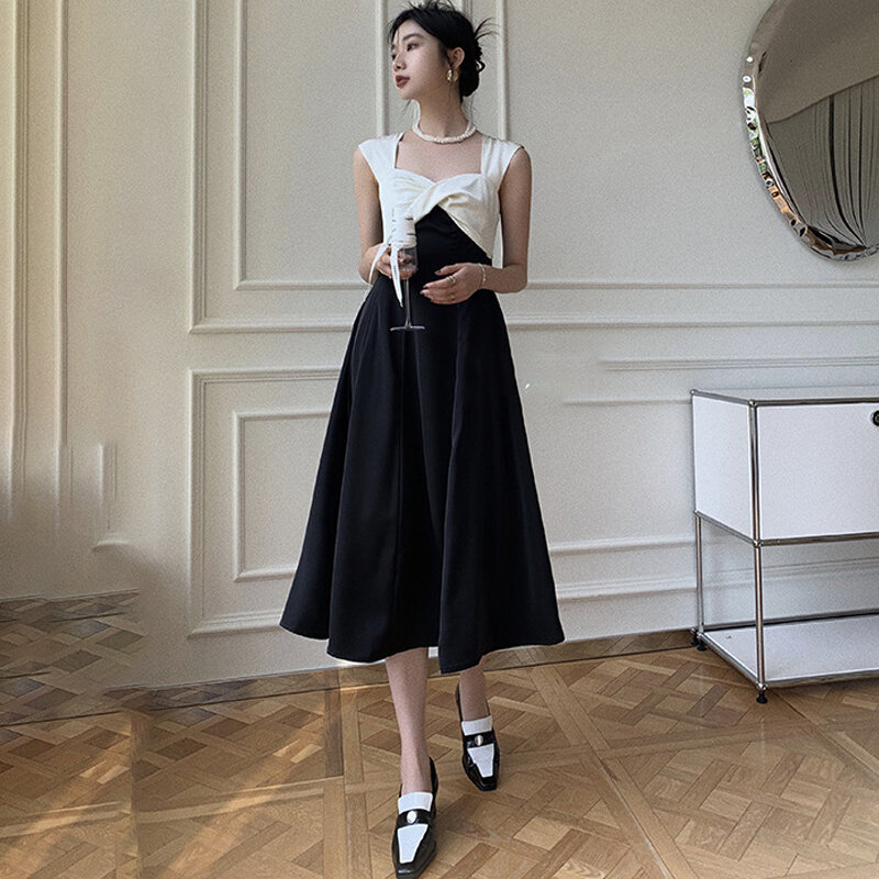 Versão coreana de preto e branco impresso suspender vestido verão nova saia longa sem mangas vestido de cintura alta festa