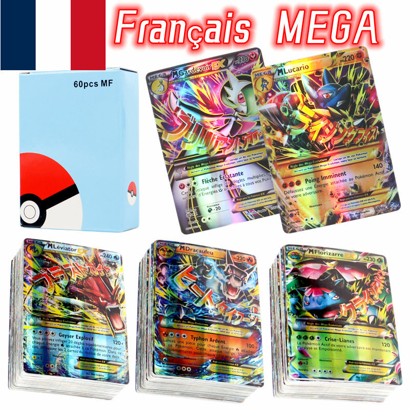 Tarjetas de Pokémon francesas MEGA Vmax para niños, tarjetas comerciales brillantes, 60-100 piezas, regalo de cumpleaños