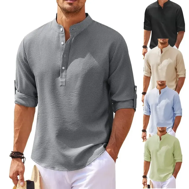 Camisas de lino y algodón de manga larga para hombre, camisas de Color sólido con cuello levantado, estilo informal de playa, talla grande S-5XL, gran oferta, primavera y otoño