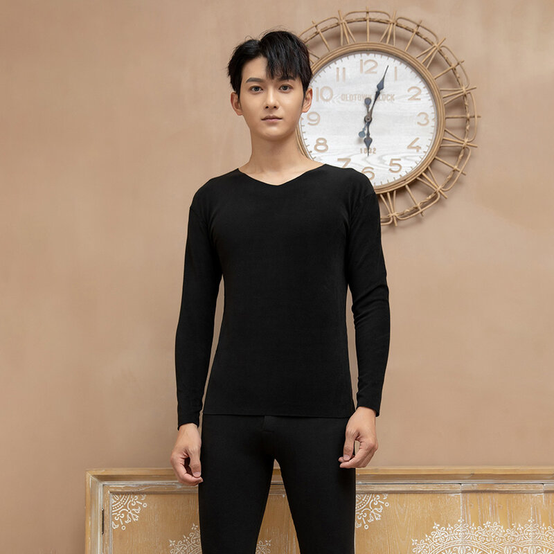 Men Winter Thermal Long Johns Top Bottom Underwear Set V Neck Long Sleeve Solid Thermo Man Clothes Warm Tops Pants Suit