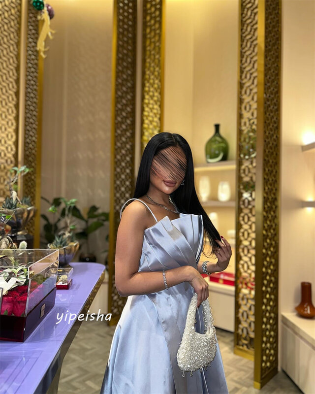 Prom Dress Satin Pleat Homecoming A-line Spaghetti Strap Bespoke Occasion Dresses Floor-Length Saudi Arabia