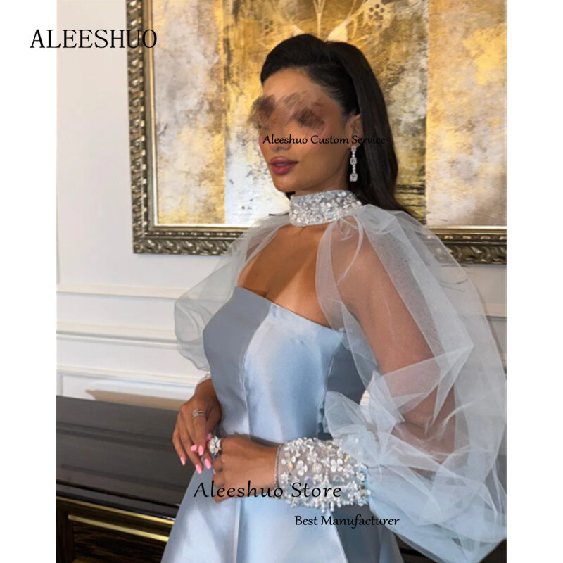Aleeshuo-A-Line Strapless Prom Dress, frisado lantejoulas, mangas compridas, ocasiões formais, vestido de festa plissado, requintado