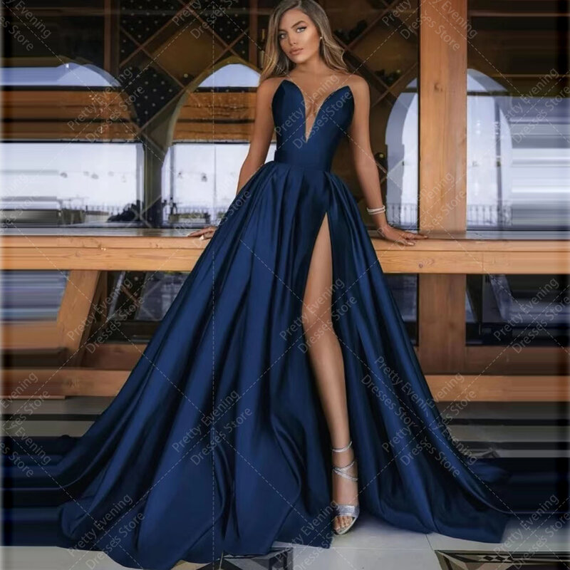 Nowoczesne proste damskie suknie wieczorowe seksowna strona wysoki Split satynowy bal bez rękawów sukienki na przyjęcie formalne Celebrity Vestidos De Noche