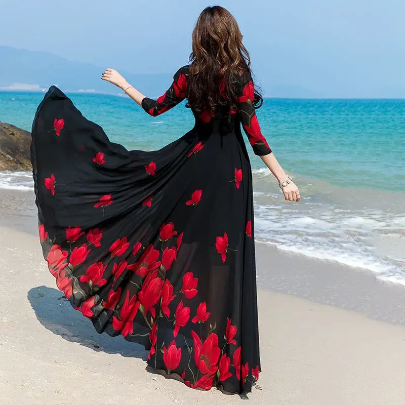 2024 Summer New Sexy Korean Version V-Neck Printed Chiffon Dress Women Waist-Length Temperament Big Swing Thin Beach Long Skirt