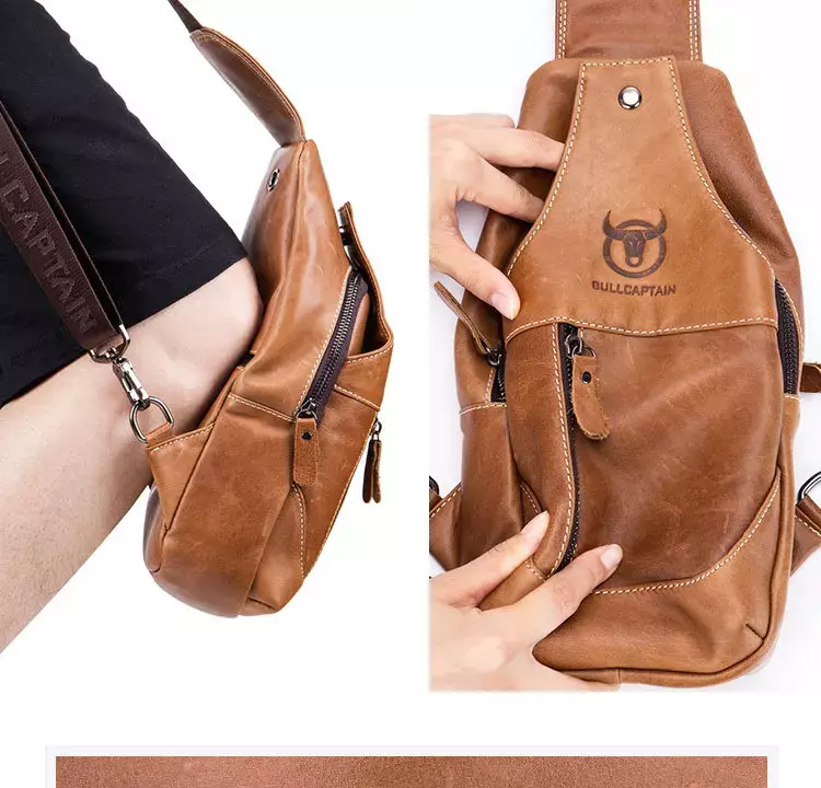 Men's Chest Bag Black Casual Soft Genuine Cowhide Sport Crossbody Bags