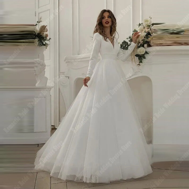 Romantische sexy V-Ausschnitt A-Linie Brautkleider für Frauen beliebte lange Ärmel Ball Braut Wisch länge Dame Vestido de Noiva 2024