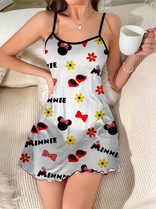 Mode Zomer Jurken 2024 Sexy Jurk Pyjama Rok Mickey Sla Trim Satijn Oppervlak Ronde Hals Disney Minnie Mouse Elegant Chic