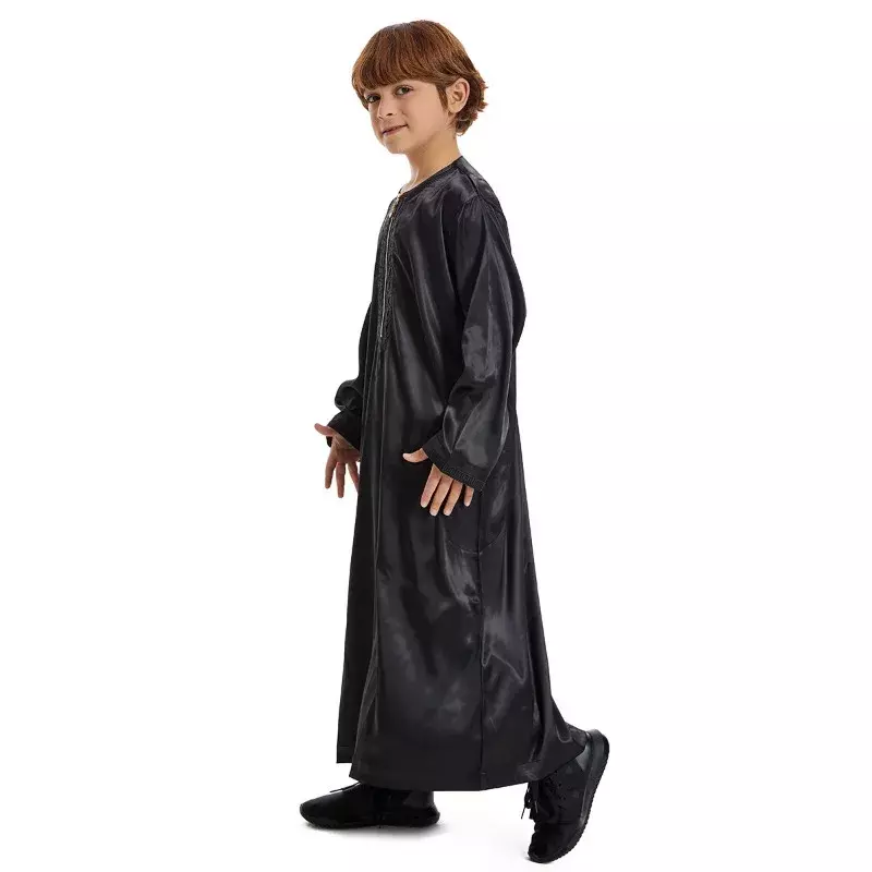 2024 jubah anak-anak Muslim baru pakaian jubah Islam kemeja lengan panjang leher bulat cetak ritsleting Arab Timur Tengah