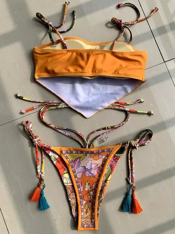 Bikini Bandeau con Top corto estampado para mujer, traje de baño femenino, conjunto de Bikini de dos piezas, ropa de playa