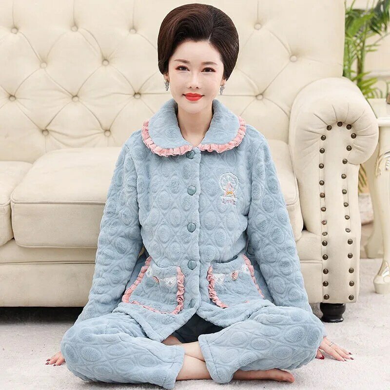 2023 Nieuwe Pyjama Vrouwen Herfst Winter Koraal Fleece Sleepwer Verdikte Middelbare Leeftijd Ouderen Loungewear Grote Maat Warme Homewear Set