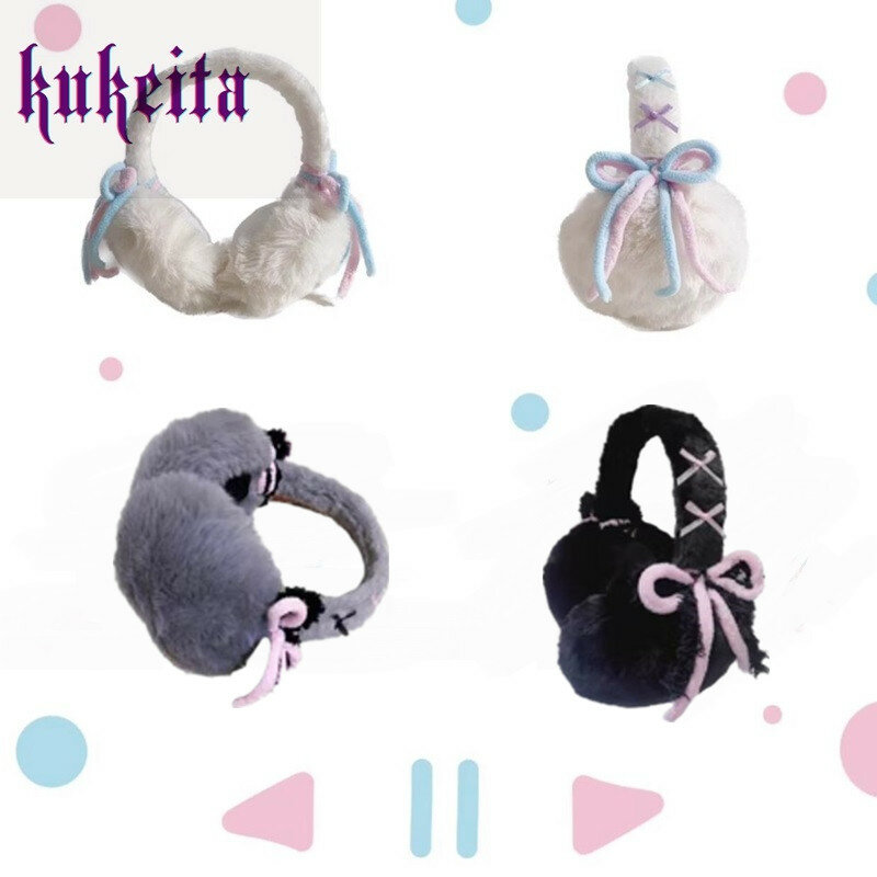 Kukeita Harajuku White Black Gray Pink Sweet Cute Foldable Bow Ear Cover Y2k Japanese Kawaii Women Winter Plush Warm Earmuffs