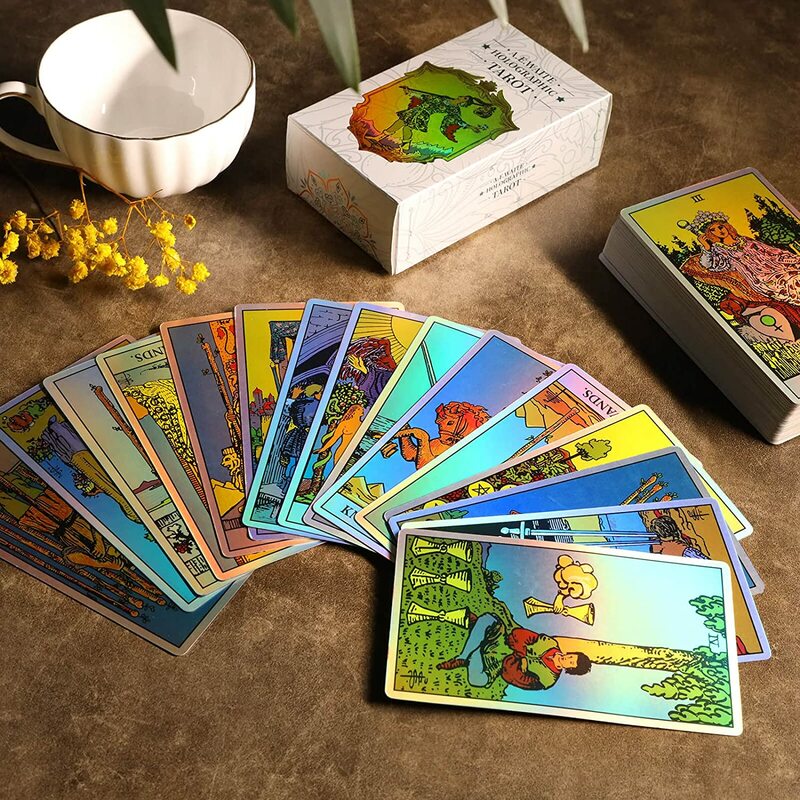 MagicSeer kartu Tarot pelangi 10.3x6cm, set kartu Tarot dan buku untuk pemula, dek Tarot hologram