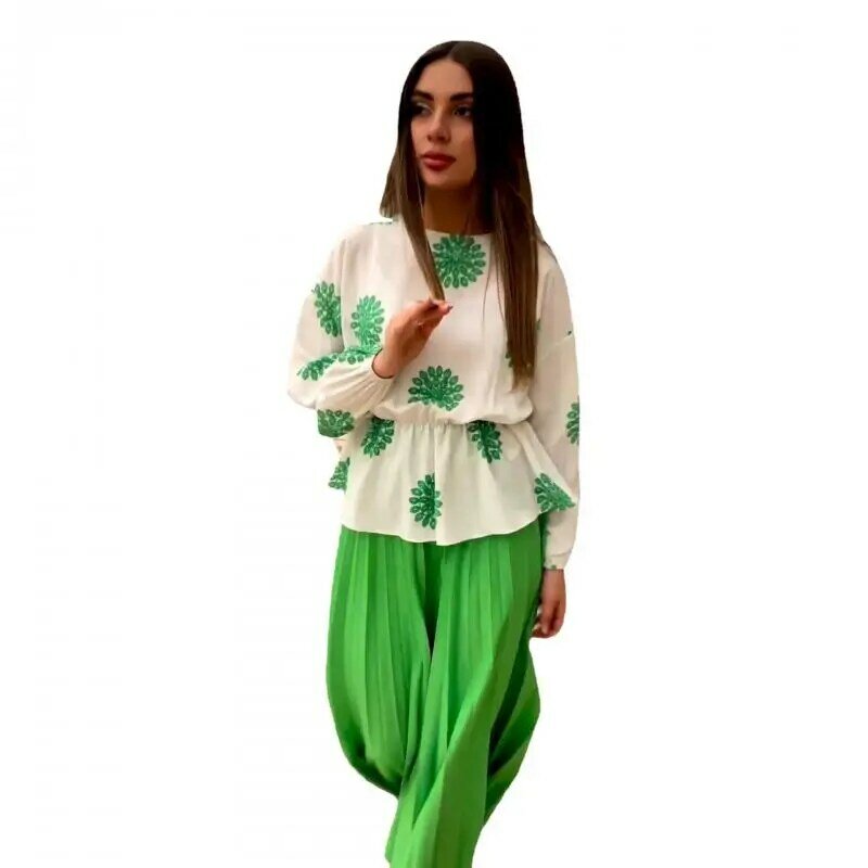 2024 Matching Two Piece Clothing for Female Flowers Printed Long Sleeves Tops Solid Simple Pleated Skirts Tight Waist Clothes