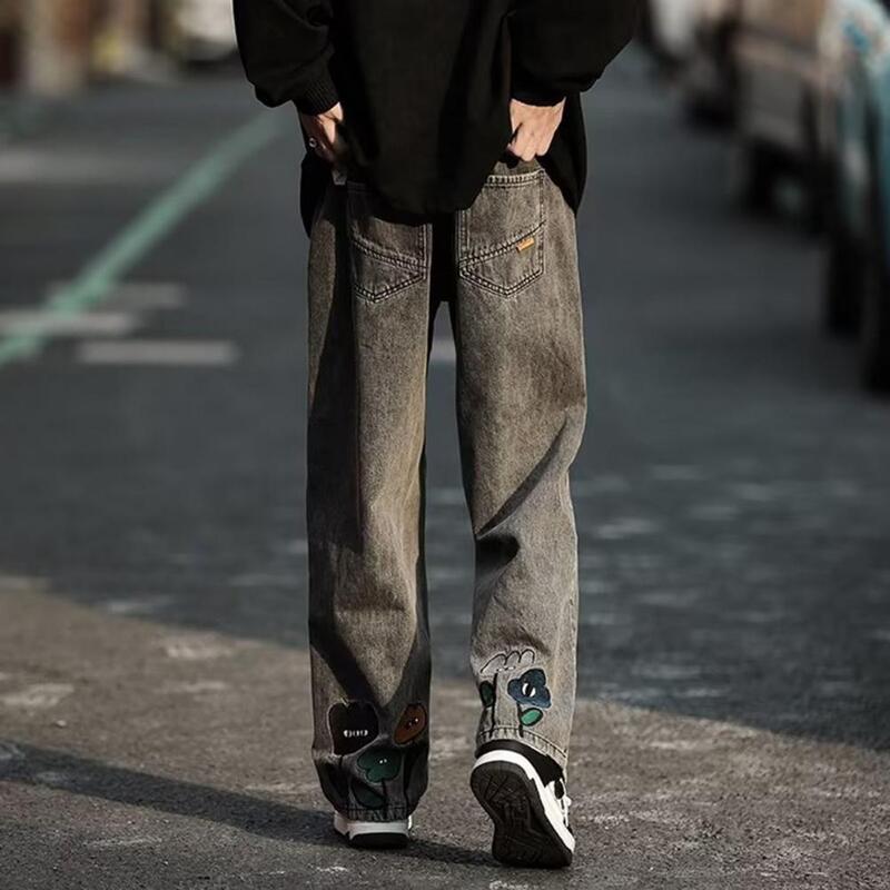 Джинсы мужские с застежкой-молнией, уличная одежда с широкими штанинами, модные джинсы с мультяшной цветочной вышивкой и эластичным поясом
