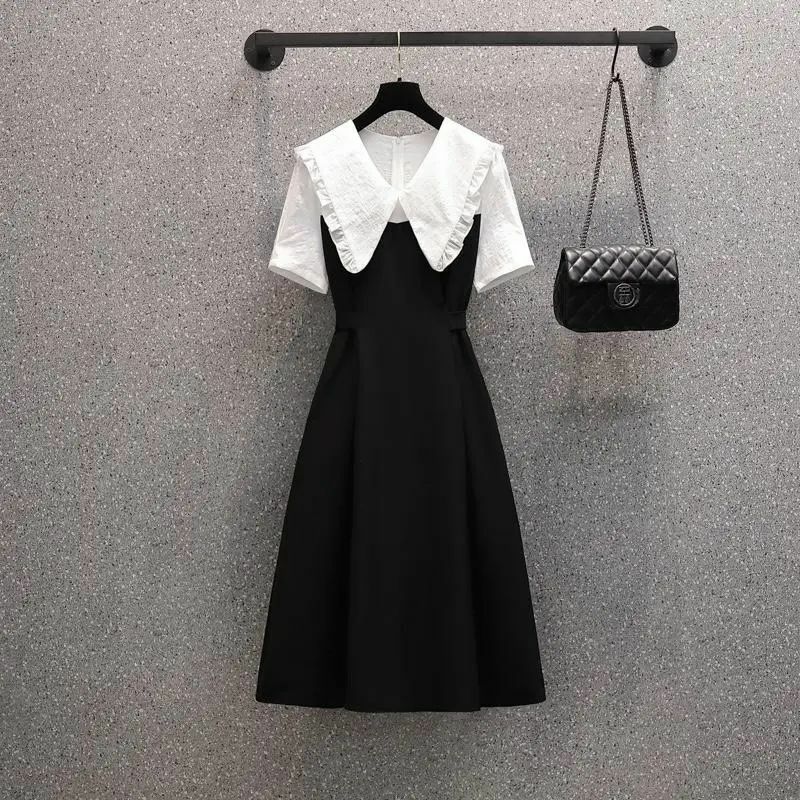 New Korean Version of Spring and Summer with a Slim Waist Super Fairy Sweet and Fake Two-piece Doll Neck Dress
