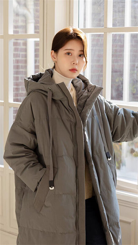 Mulheres de comprimento médio casaco com capuz, versão coreana, algodão, solto, engrossado, inverno, novo, nicho