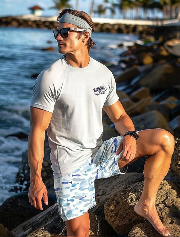 Мужские пляжные шорты для отпуска с принтом «Школа рыб», плавки с 3D принтом, эластичные Стрейчевые шорты с кулиской в гавайском стиле