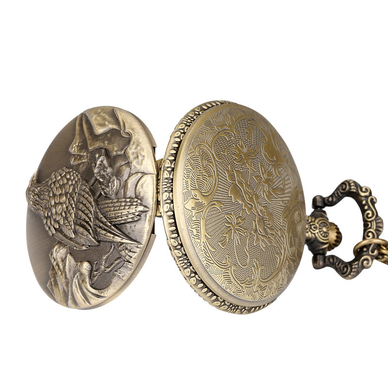 Reloj de bolsillo Vintage con accesorio, bonito patrón de pájaro, bronce, colgante, collar, reloj con números árabes, esfera blanca