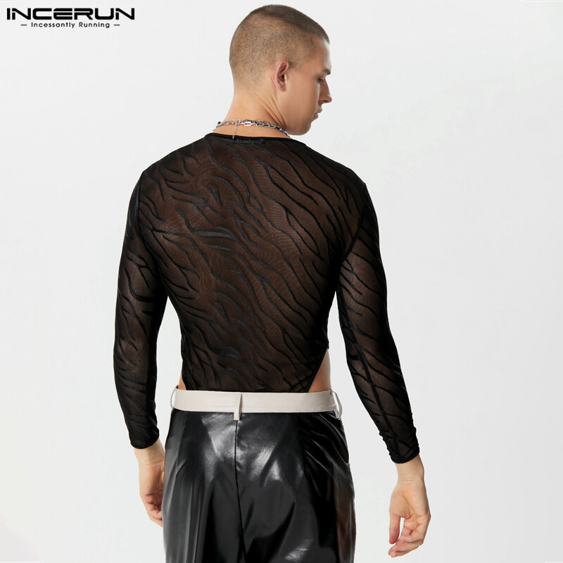 INCERUN-monos con patrón de cebra para hombre, ropa Sexy de malla transparente, de manga larga, Triangular, S-5XL, 2023