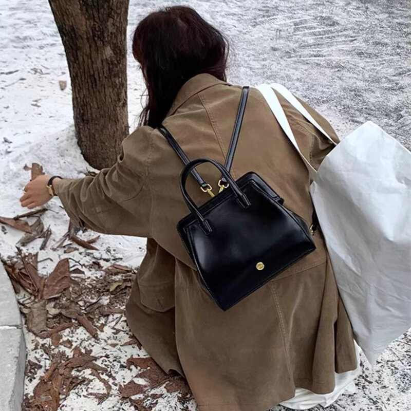 Маленький рюкзак из искусственной кожи для женщин, школьный ранец в Корейском стиле ретро, черная сумка на молнии из масляной вощеной кожи для девушек, дорожная сумка для книг для колледжа