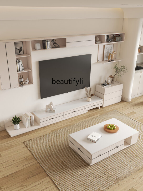 كريم نمط طاولة القهوة خزانة التلفزيون الحديثة بسيطة متكاملة خلفية الجدار خزانة كوريو شقة صغيرة قابل للسحب